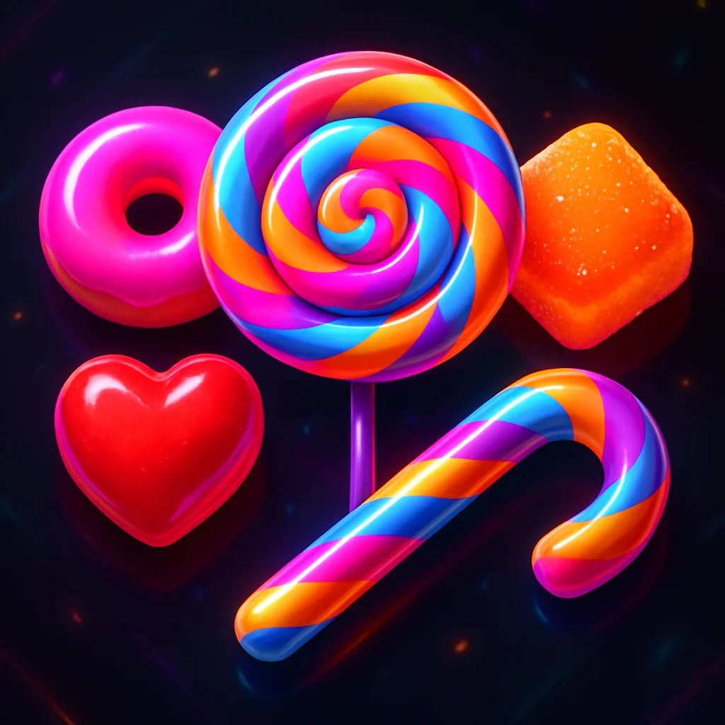 Bright cluster-pays slot artwork with layered bonus lights and candy shapes